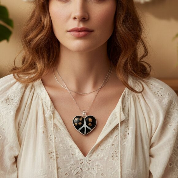 Women's Artisan Glass Heart Peace Sign Pendant Charm Black White Gold - Picture 1 of 4